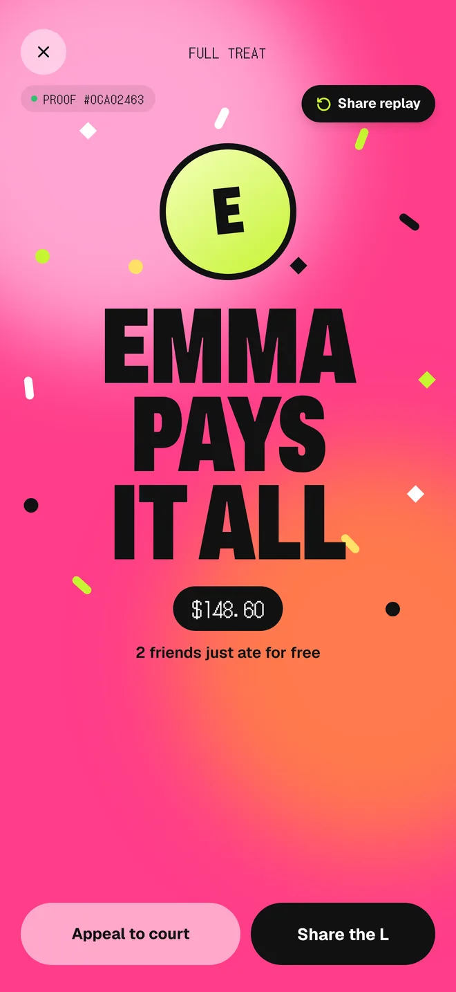 SPLOT result screen: Emma pays it all, $148.60